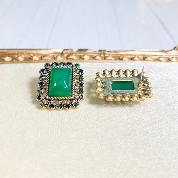 Vintage Jade Stud Earrings, Gold Stud Earrings, Wedding Jade Gemstone Retro - Picture 10 of 10